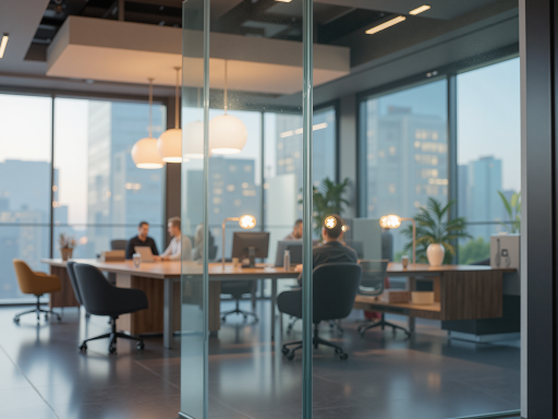 现代办公环境内部景观,宽敞明亮的会议室,玻璃隔断设计,商务人士正在讨论,自然光线充足